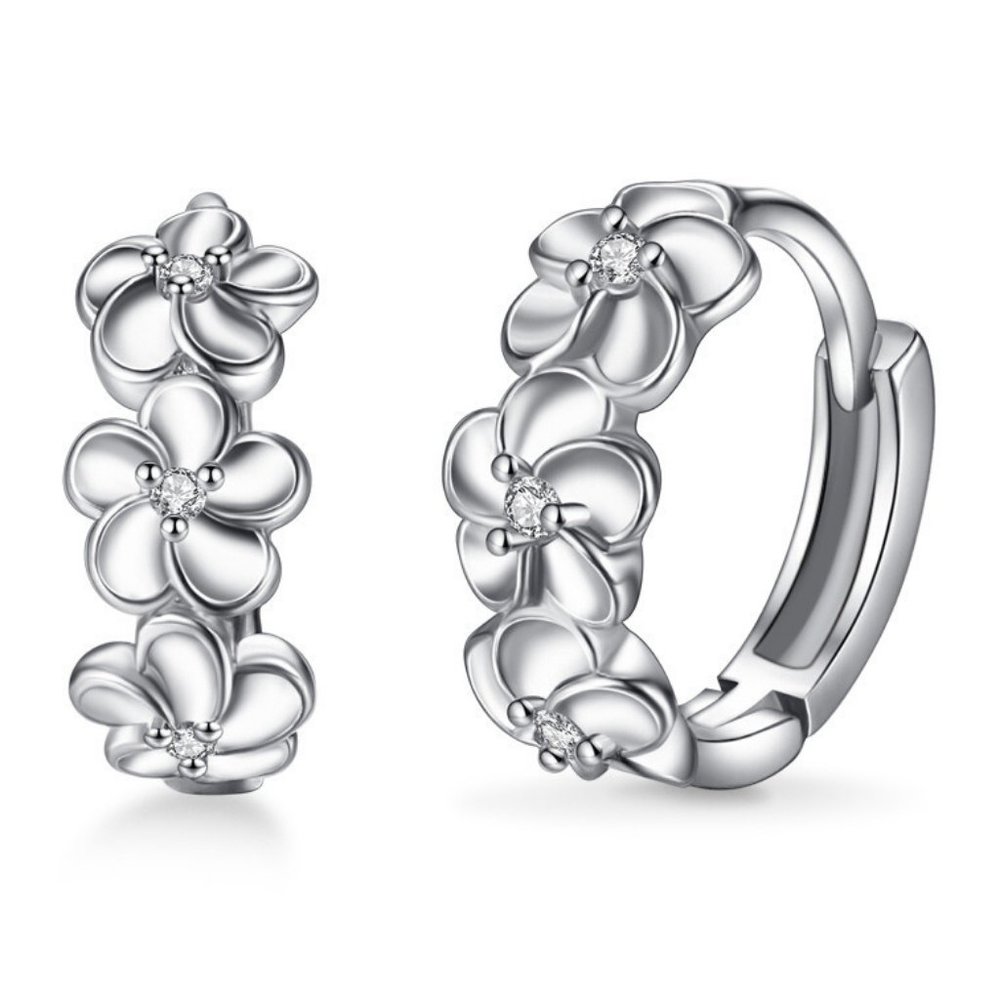 s925 Sterling Silver Flower Crystal Circle Hoop Earring For Women - Picture 2 of 6
